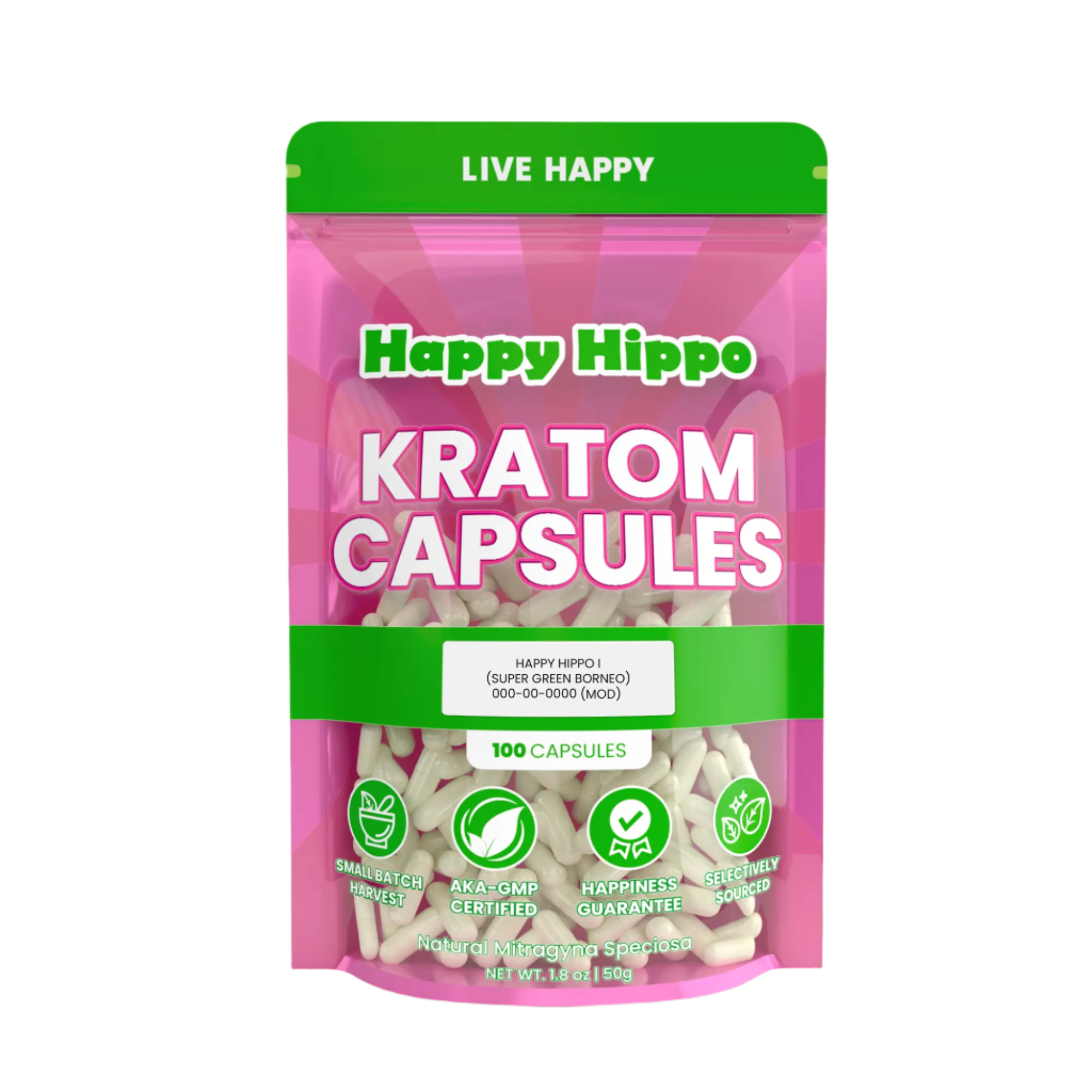 Happy Hippo Kratom Capsules - 100 Count